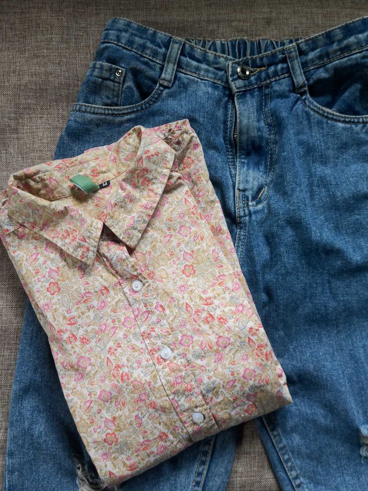 floral print shirt and denim combo | women