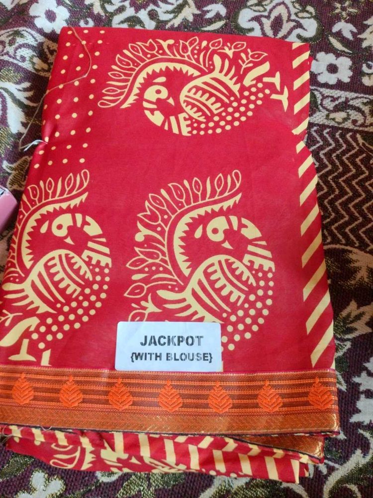 Red Printed Saree with Blouse