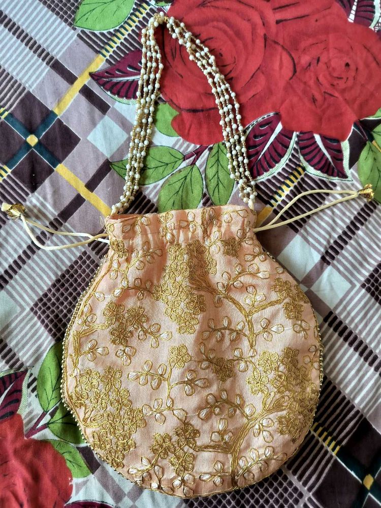 Peach Embroidered Potli Bag