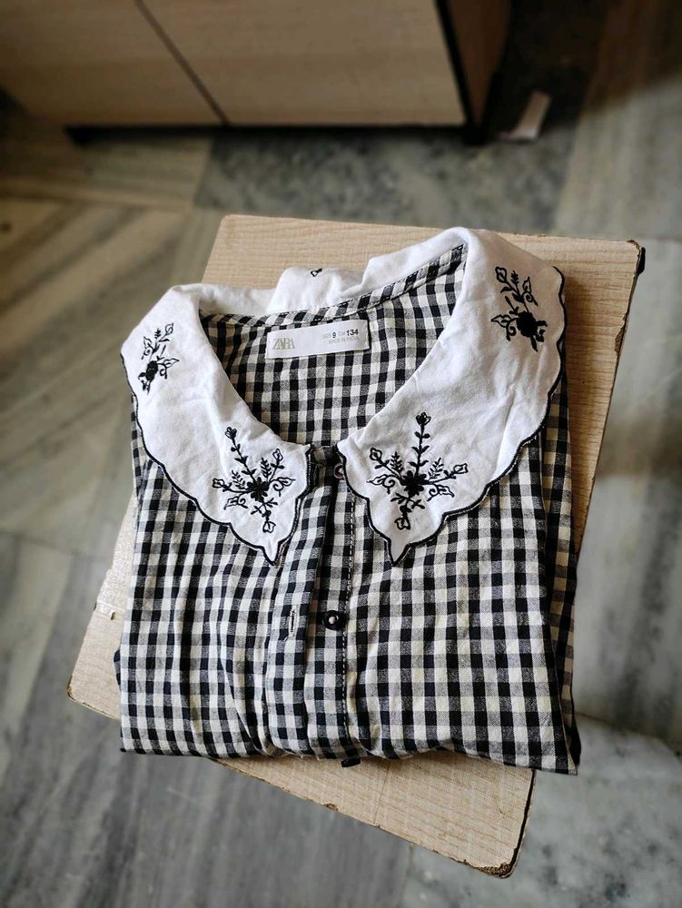 Zara Girls Gingham Embroidered Collar Top