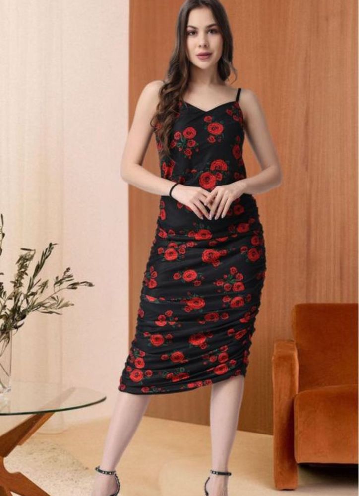 Popwings Women Printed v Neck Black Dress