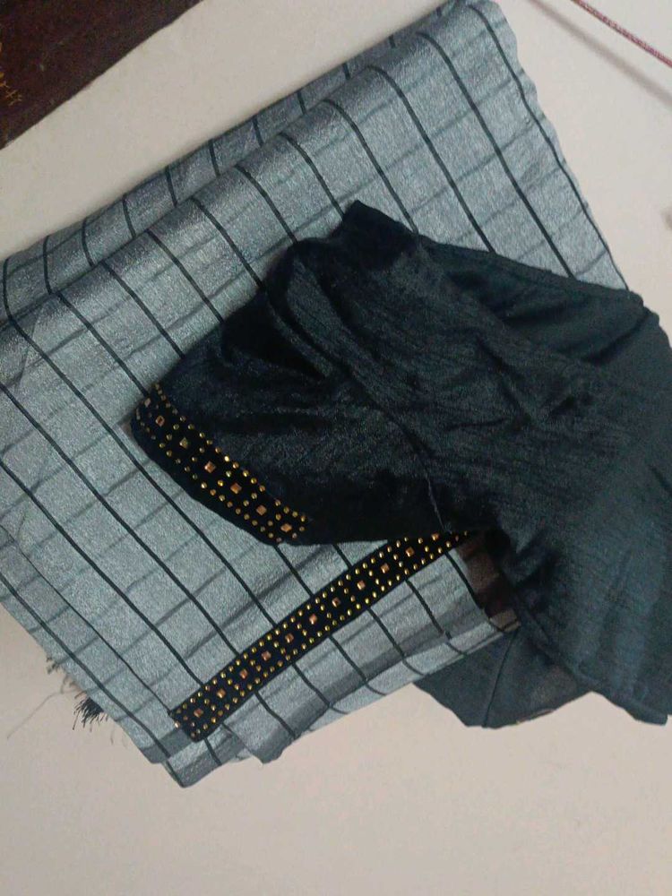 Silver Black Check Pattern Georgette Saree