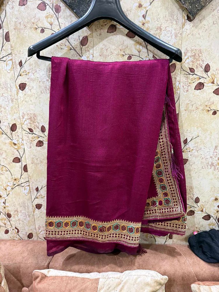 Beautiful Wine Color Saree With Blouse