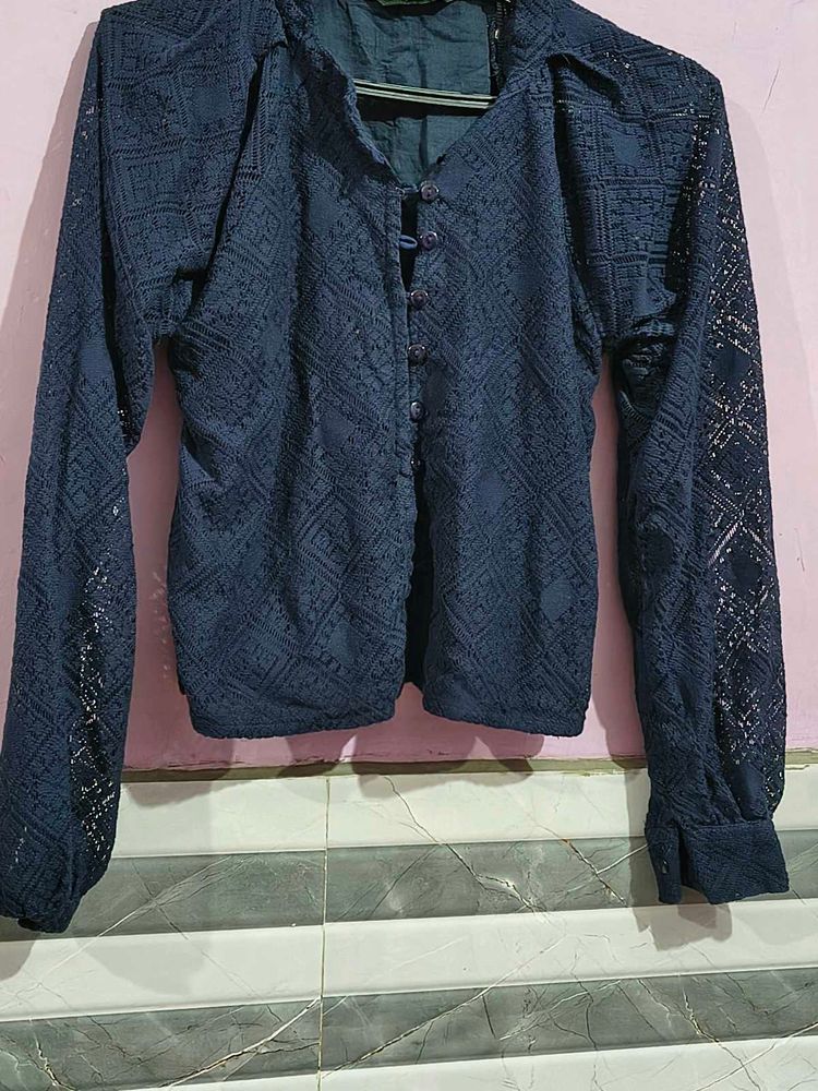 Navy Blue Patterned Long Sleeve Top bust 32 s
