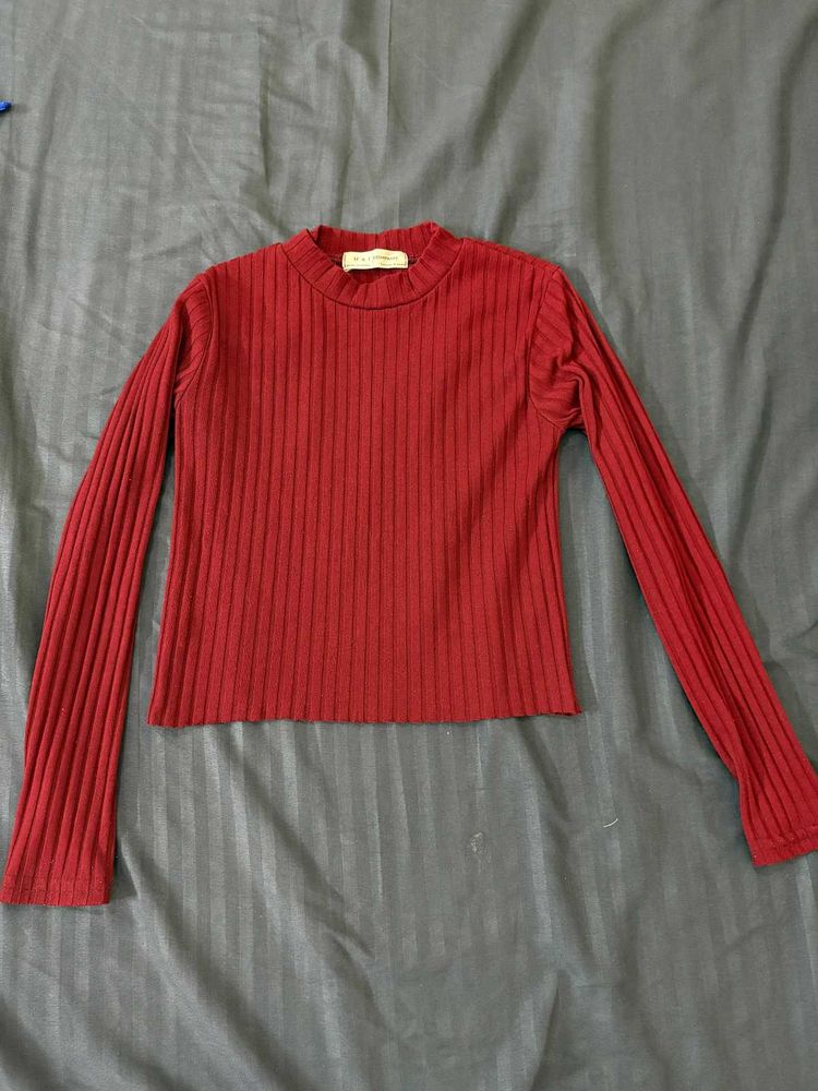 Red Ribbed Long Sleeve Top