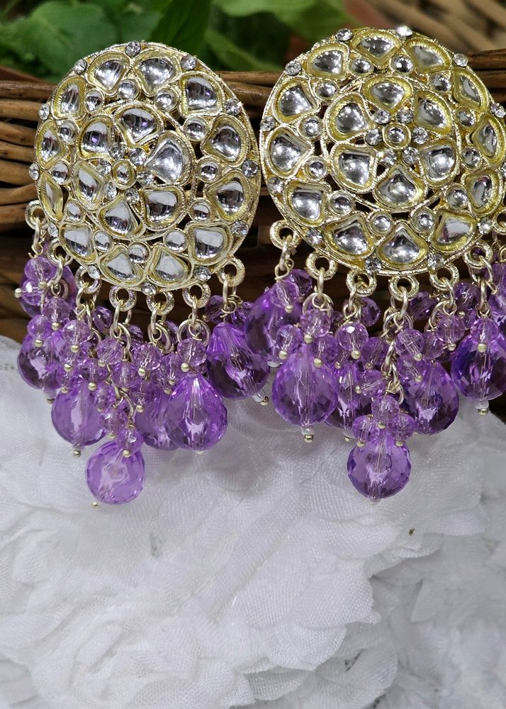 Golden Kundan With Light Purple Beads Earrings.