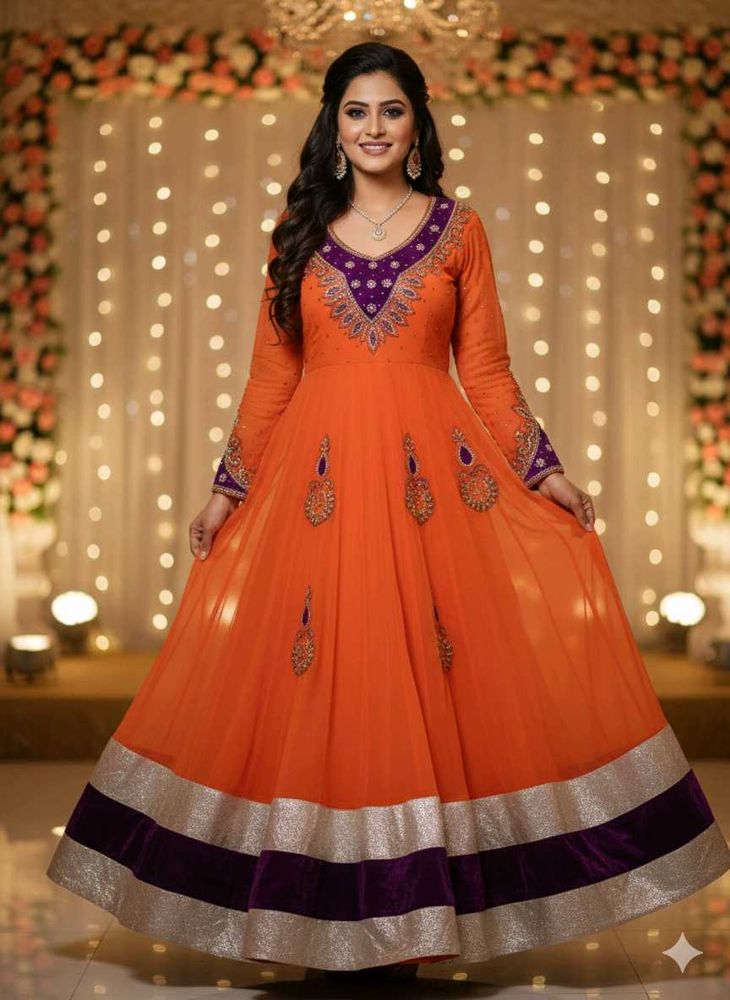 Stunning Orange &amp; Purple Designer Anarkali Suit fo