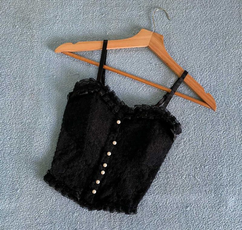 Black Lace Pearl Button Cami