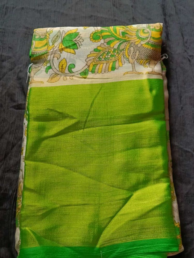 Green Silk Saree with Peacock Design