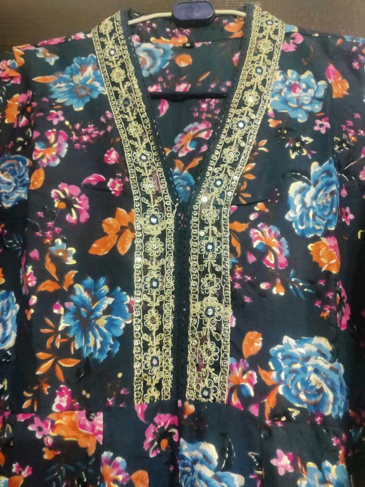 Floral Print Dress with Embellished Neckline