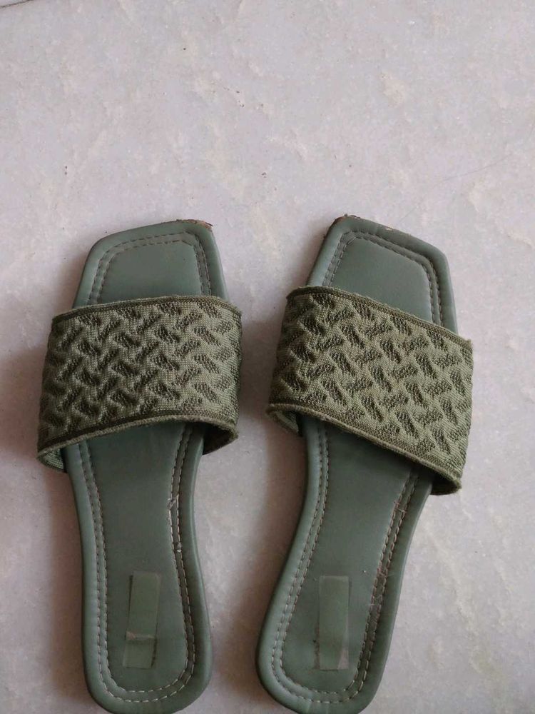 Olive Green Woven Slide Sandals