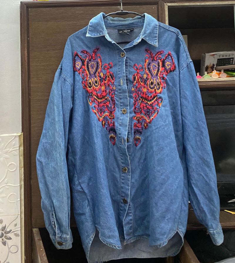 Oversized Embroidered Denim Shirt