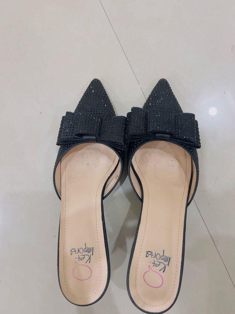 Black Rhinestone Bow Pointed Mules