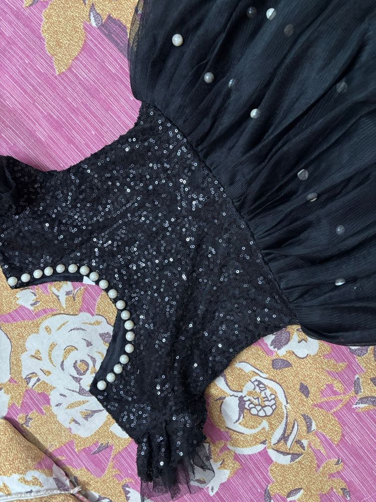 Sequin And Pearl Black Frock For Girls