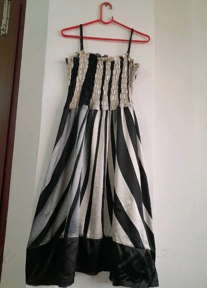 Satin Dress Black &amp; White Strips Women&#39;s Partywear