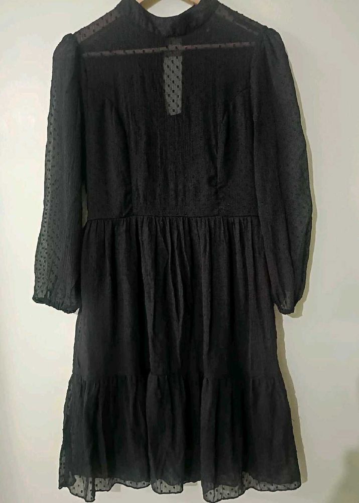 Ruffled Black Knee Length Dress