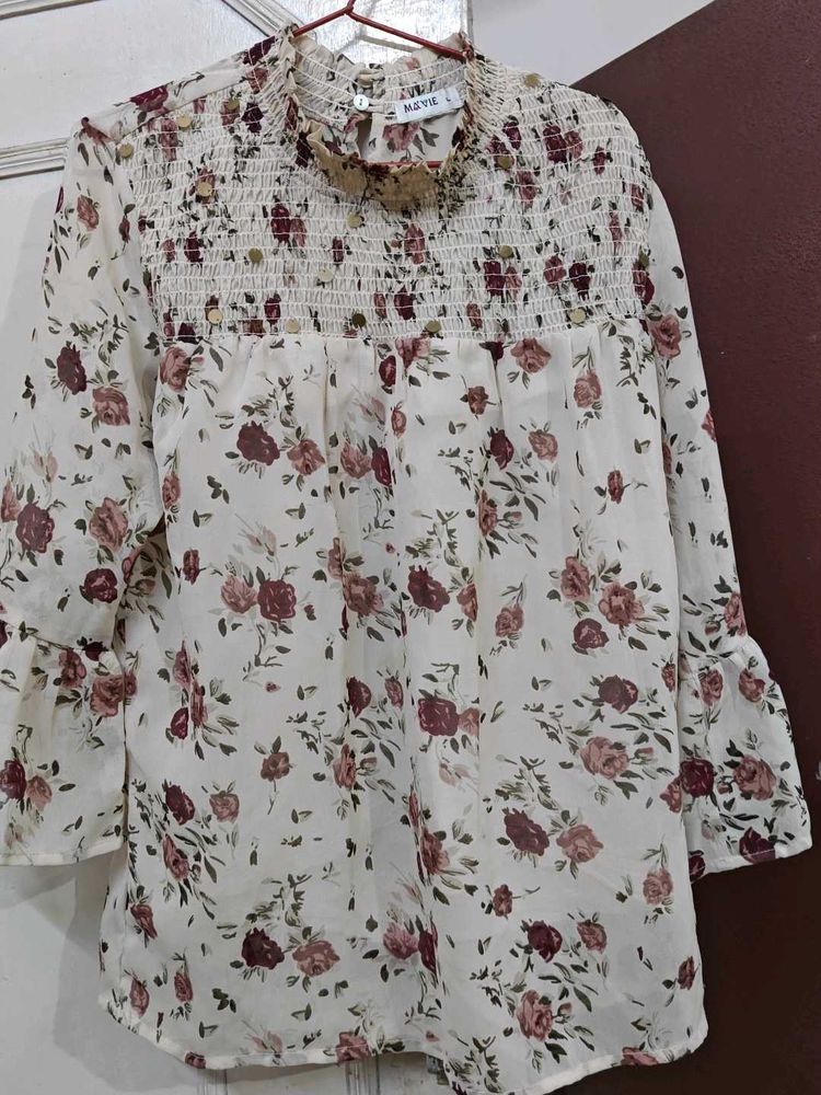 Romantic Floral Smocked High-Neck Top