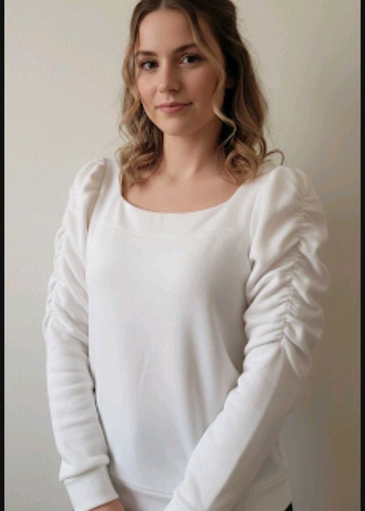 White Ruched Sleeve Top