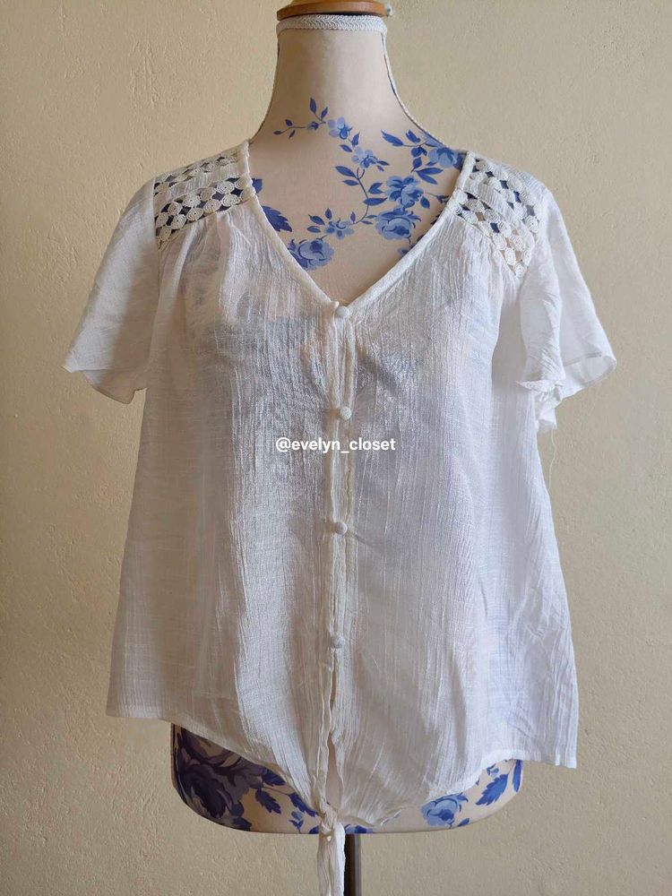 White Crochet Detail Tie-Front Top