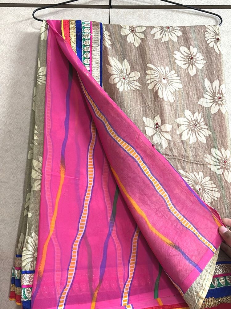Pink leheriya Saree With Half Design