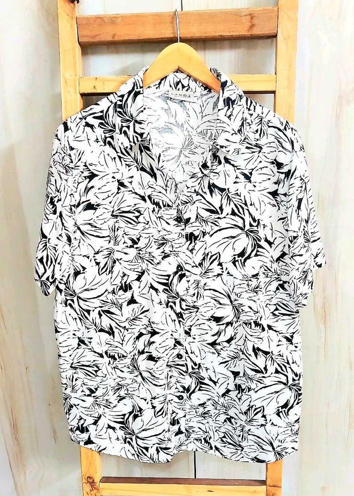 White Printed Cotton Shirt Size-42-44