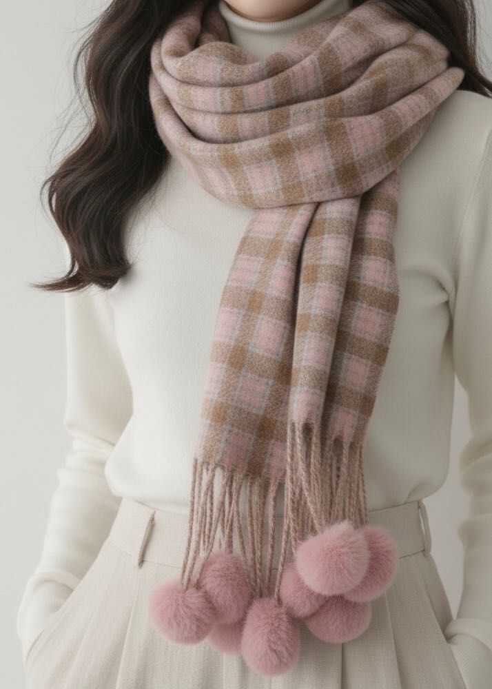 Pink Plaid Pom Scarf