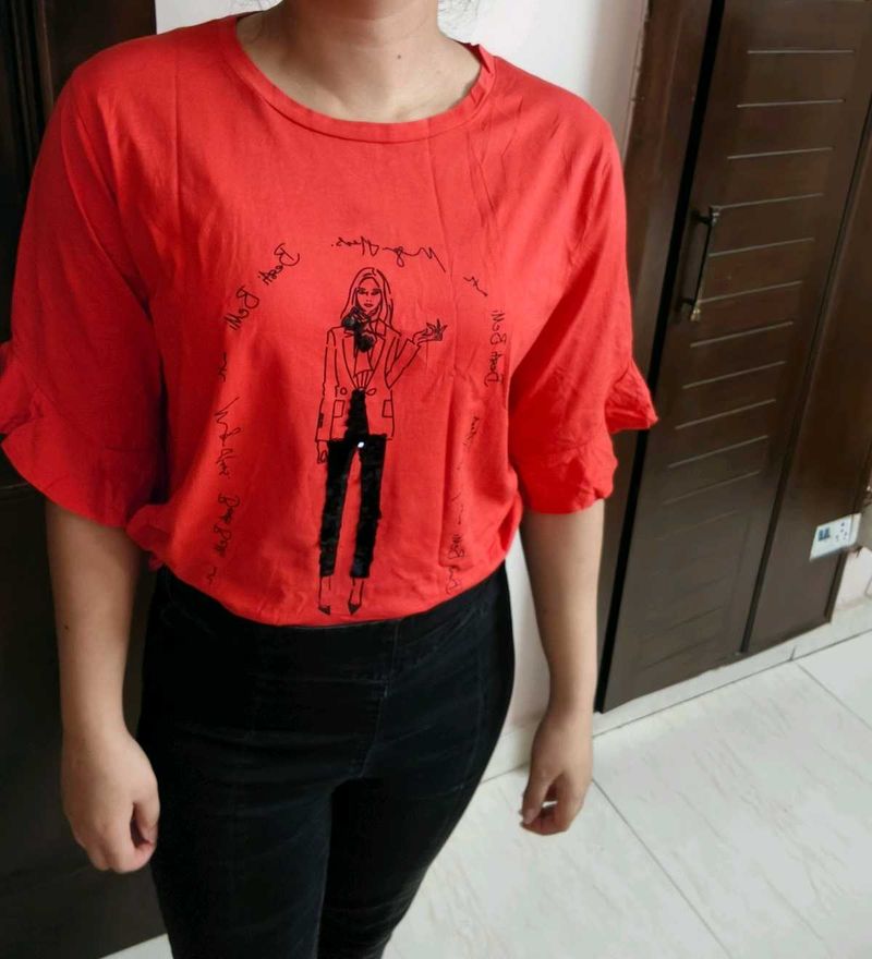 BestiBelli Women Red Sequin Embroidery Printed Top