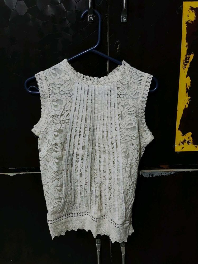 Cream Lace Pleated Tank Top
