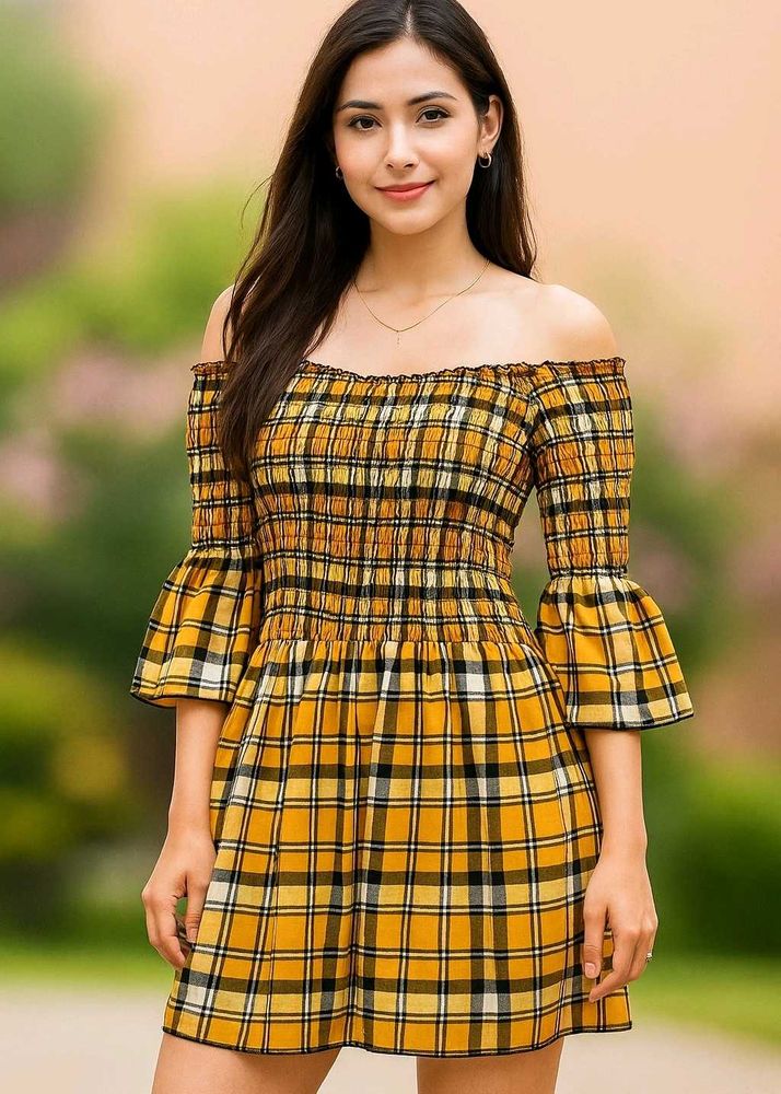 Yellow Plaid Off-Shoulder Dress