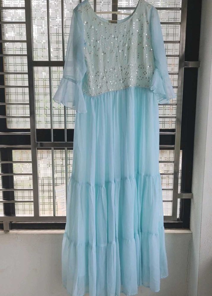 Pastel Blue Sequin Tiered Maxi Dress
