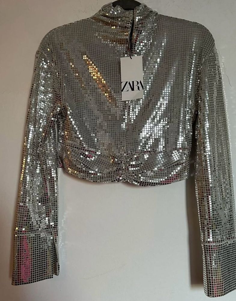Zara Silver Sequin Crop Top