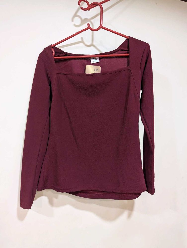Burgundy Square Neck Long Sleeve Top