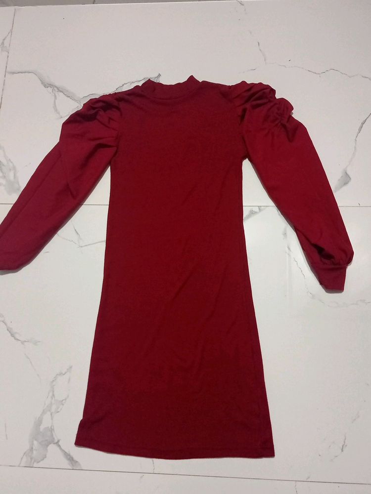 Brown Body Cone Dress With Puff Sleeves