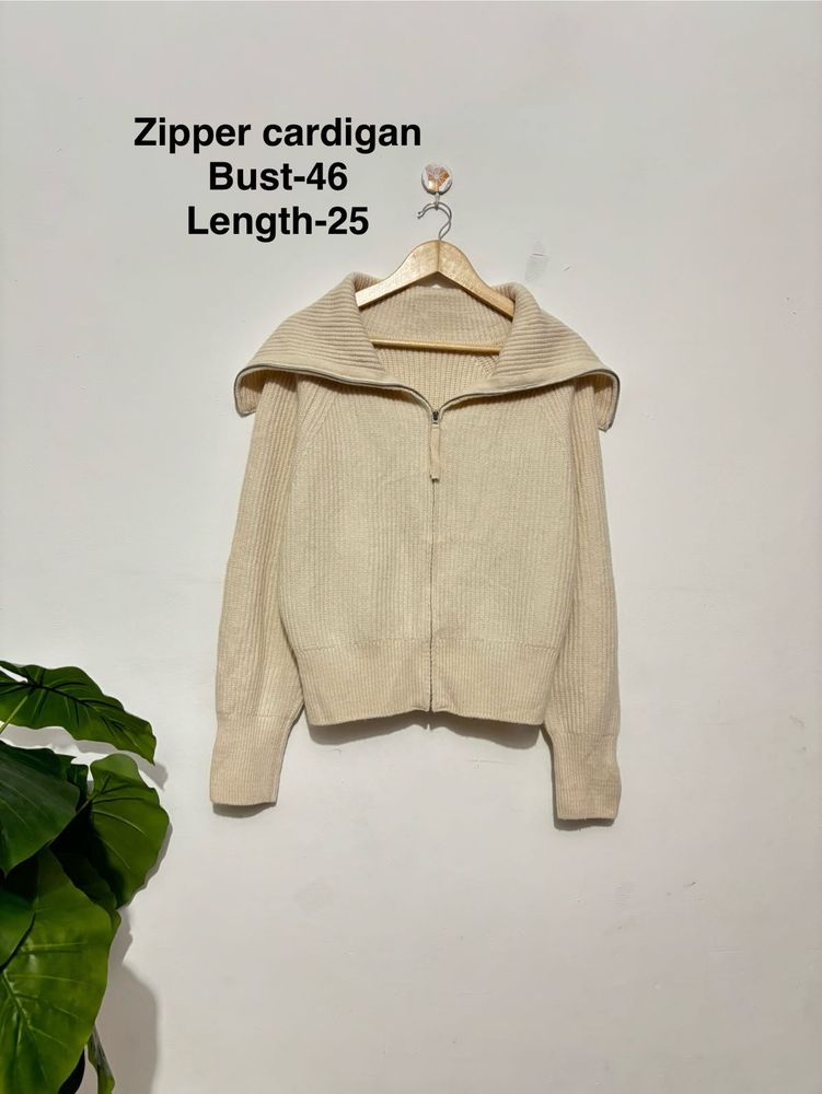 Beige Zipper Cardigan