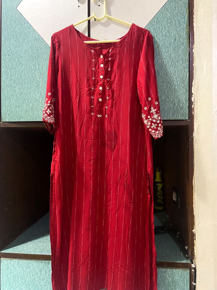 Long Red kurti with white embroidery