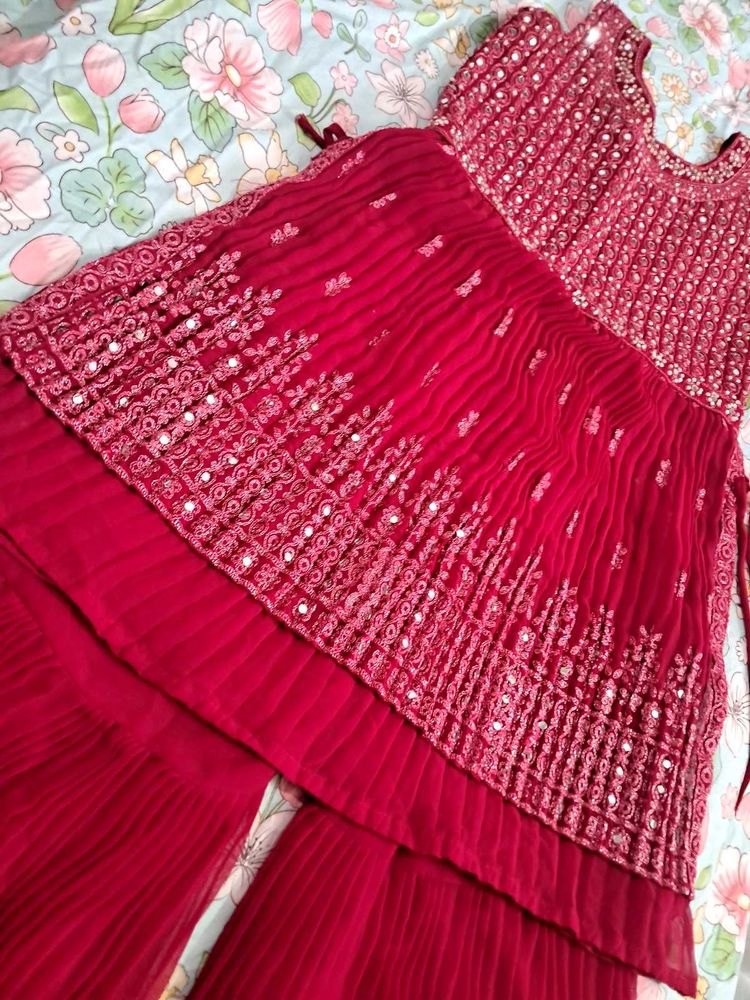 Red Embroidered Shararah Set