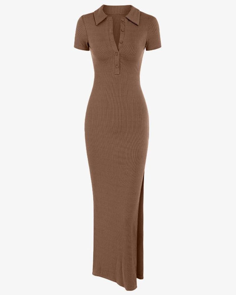 Brown Ribbed Polo Maxi Dress
