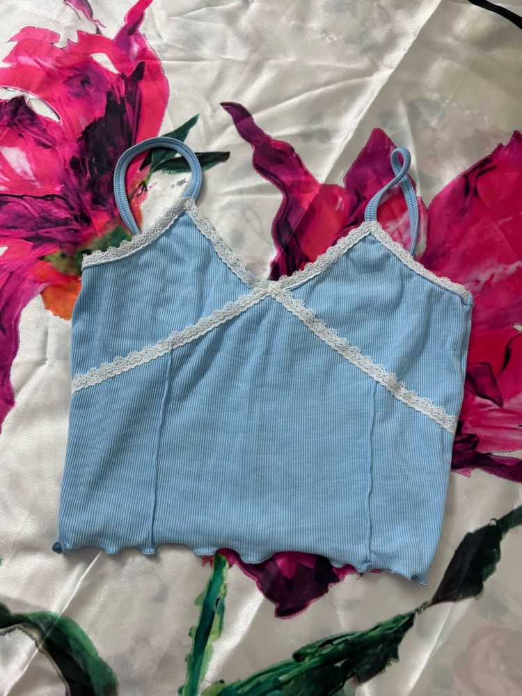 blue Lace Trim Tank Top
