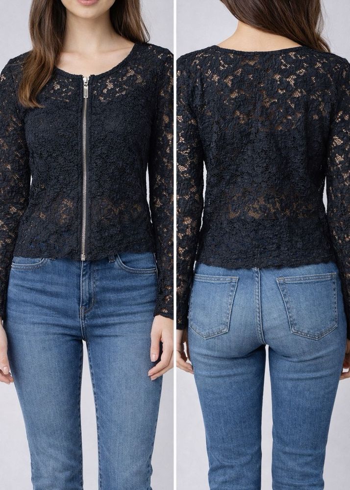 🖤 Black Lace Zip-Front Top – Elegant &amp; Gently Use