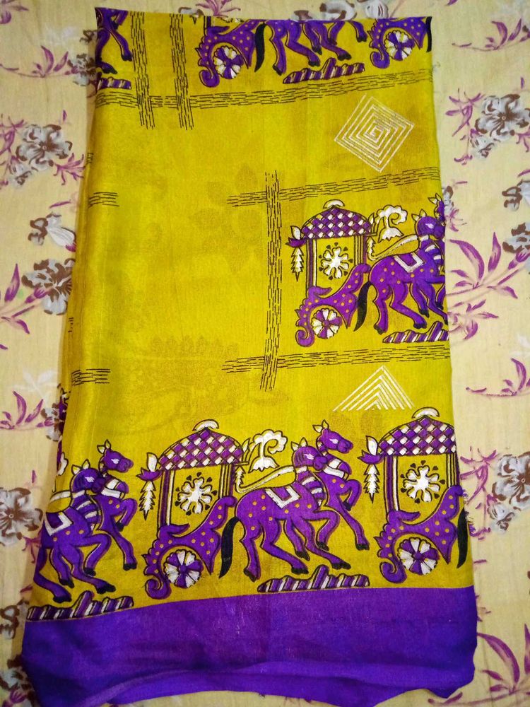 Vintage Grapic Dear And Carrige Silk Saree
