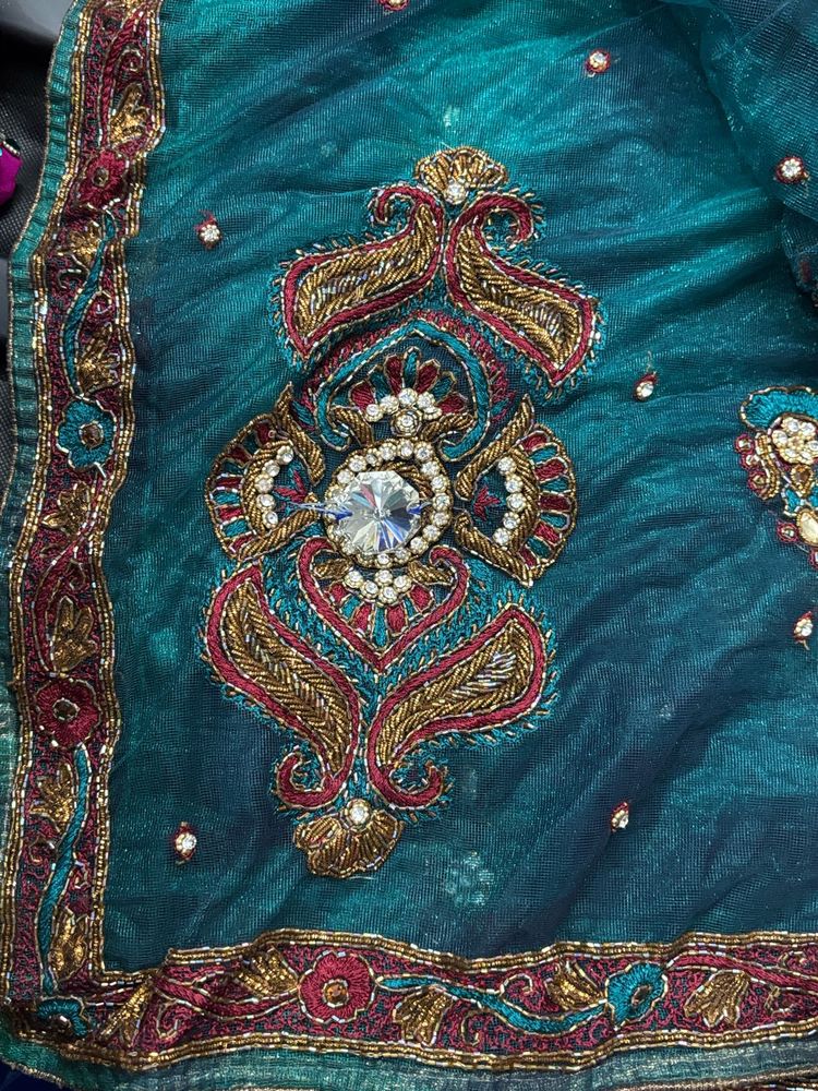 Emerald Green Embroidered Sari Fabric