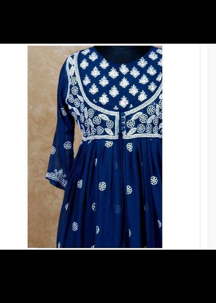 Navy Blue Chikan Kari Anarkali Kurta