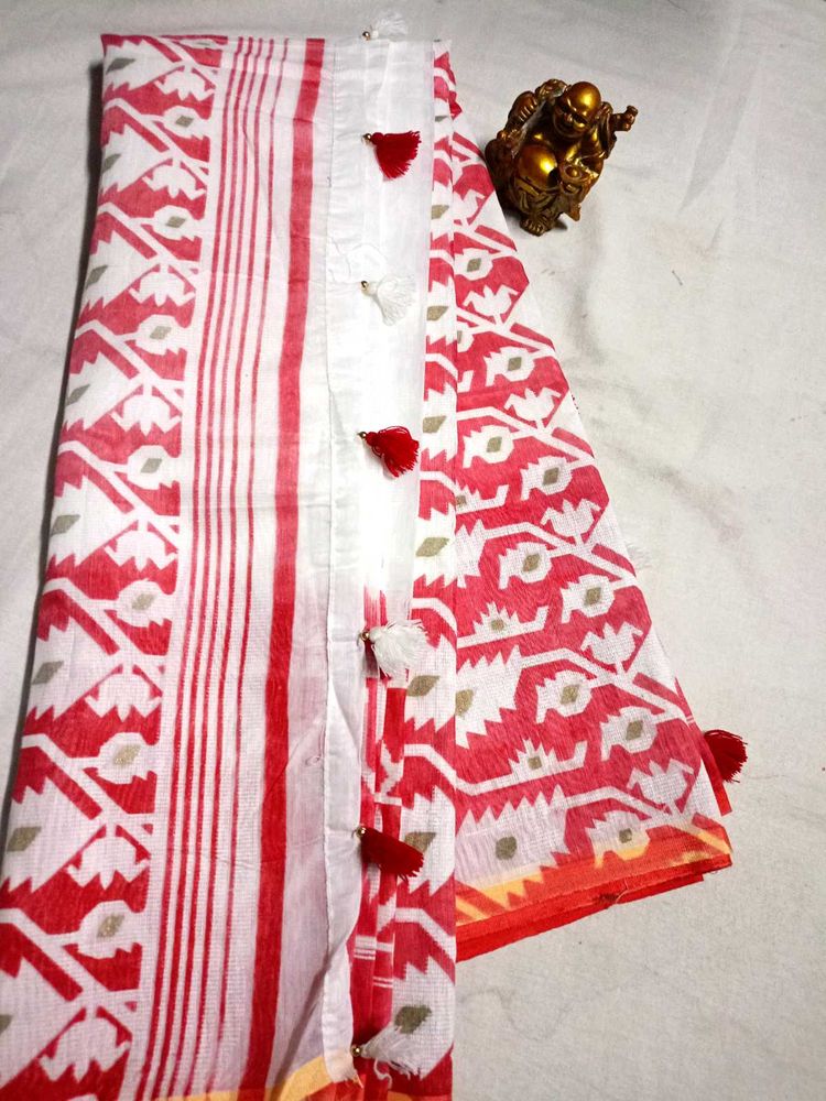Red &amp; White Cotton Jamdani Saree