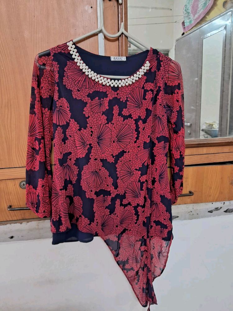 Red &amp; Blue Top With Net Sleeves