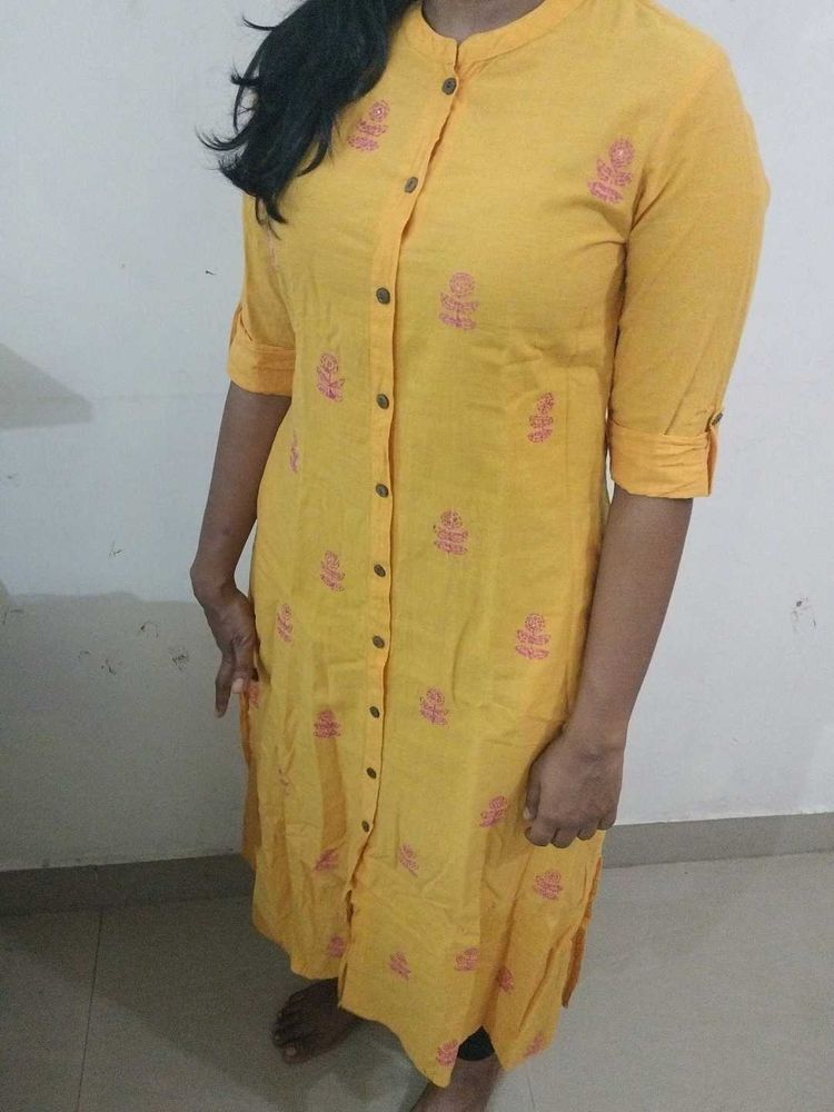Yellow Embroidered Button-Down Kurti