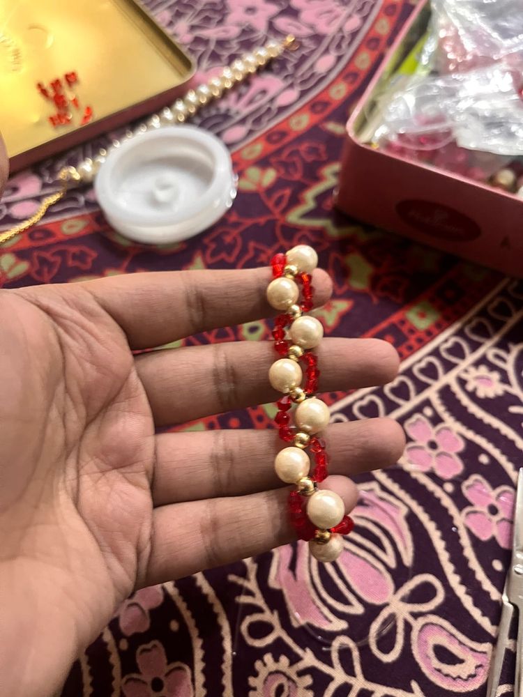 Handmade white - red Beaded Bracele