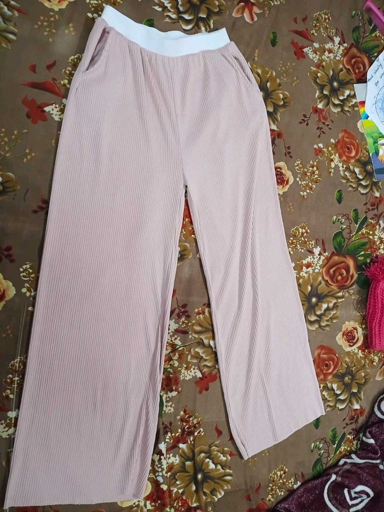 Pink Wide Leg Ribbed Pants