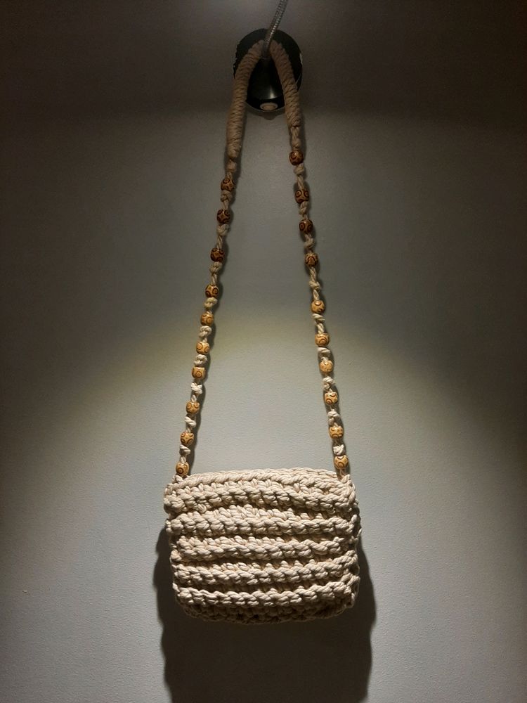 Hand Made Macrame Thread Off-white With Beads Handle Sling Bag