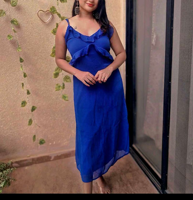 Blue Ruffle Midi Dress