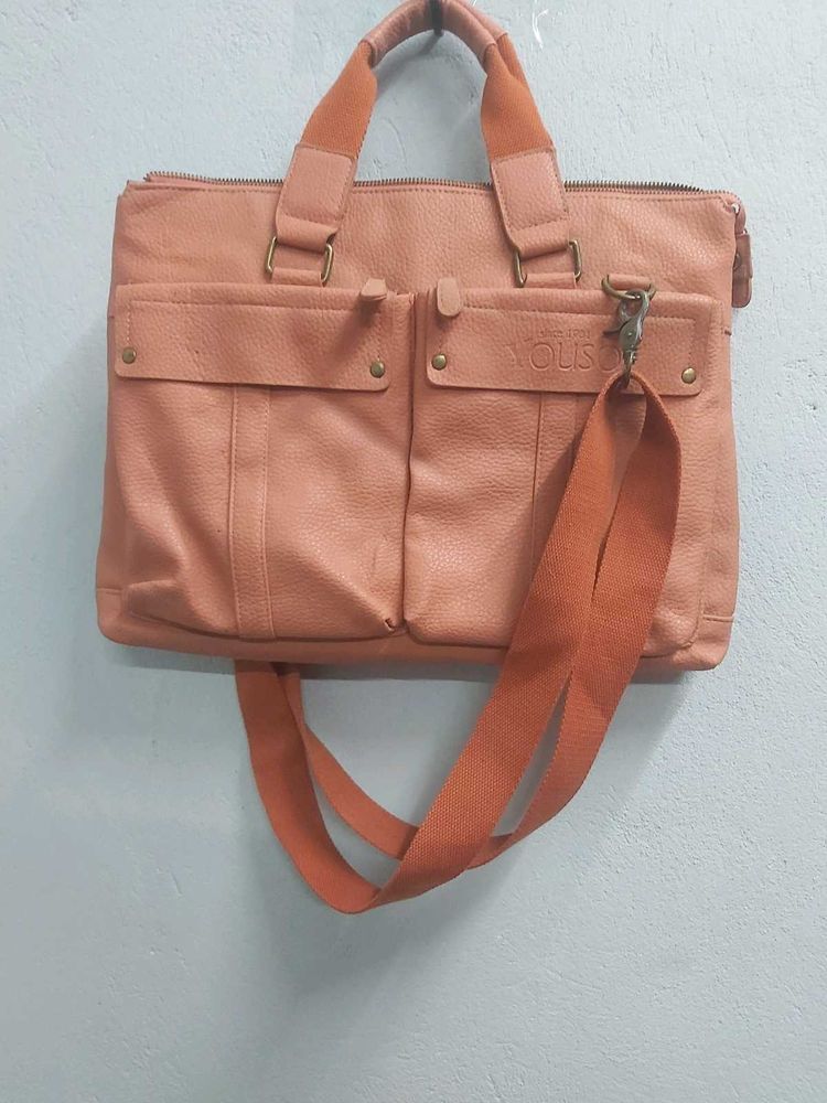 Peach Color Laptop Leather Bag